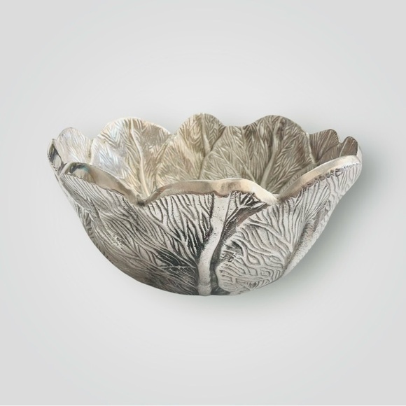 Pewter Salad Serving Bowl Lettuce Leaf Pattern Garden Cabbage Bowl Very Heavy! - Picture 3 of 9